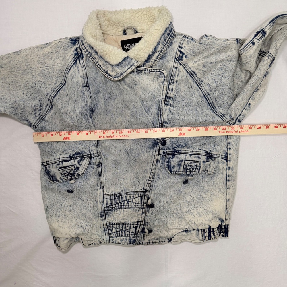 Vintage 80s Fabriano Acid Wash Denim Sherpa Bomber Jacket Womens L Cropped 90s - Picture 8 of 8